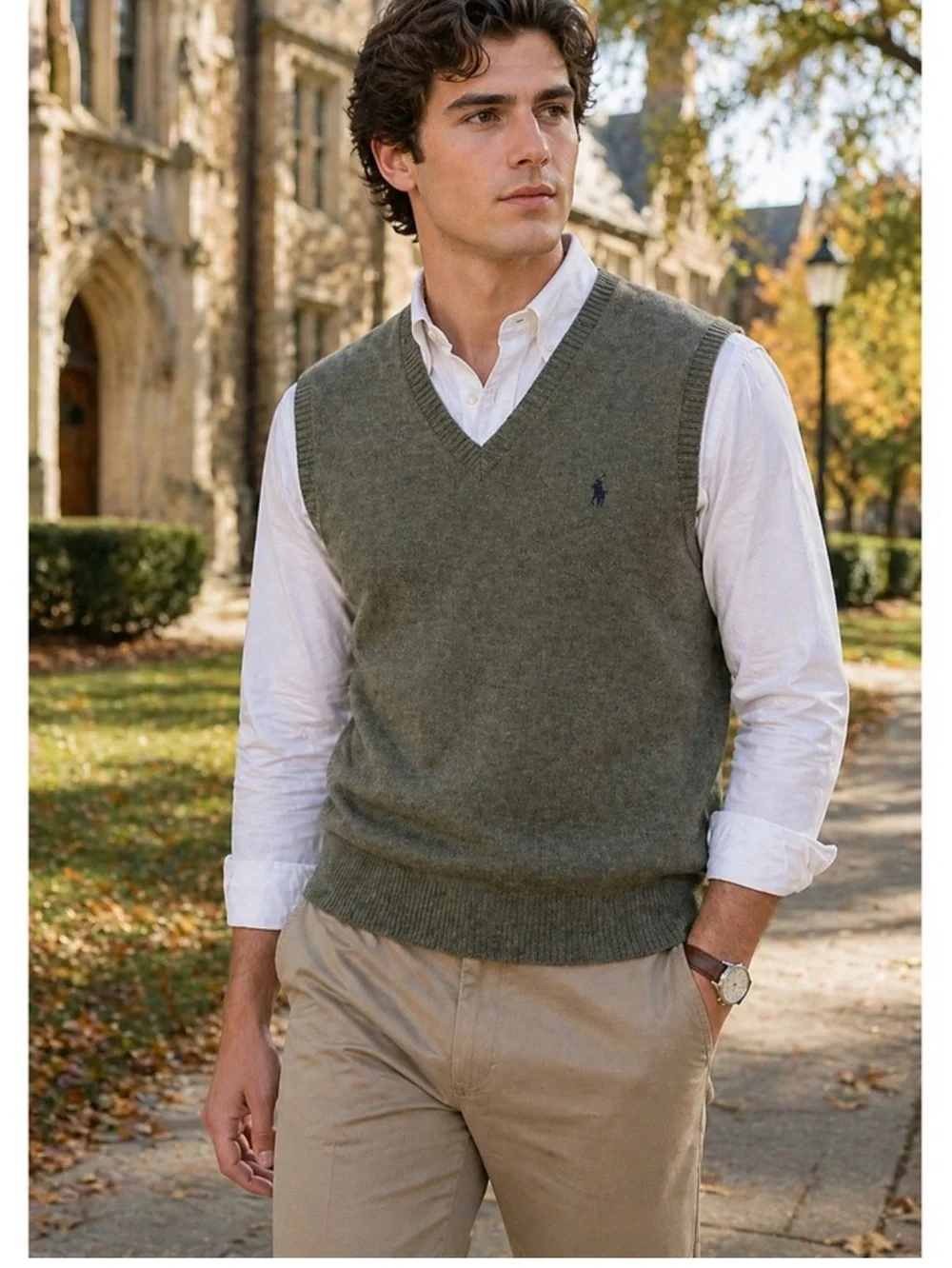 Polo by Ralph Lauren Olive V-Neck Wool Sweater Vest Size M